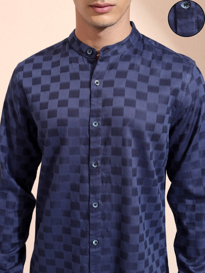 Highlander Men Navy Blue Checked Regular Fit Casual Shirt - Navy Blue - Image 5