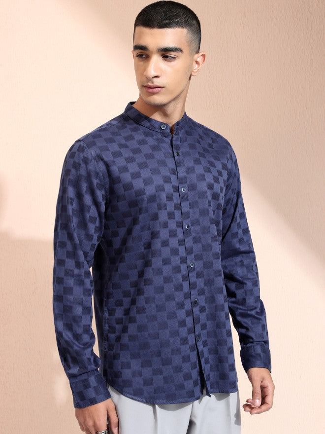 Highlander Men Navy Blue Checked Regular Fit Casual Shirt - Navy Blue - Image 6