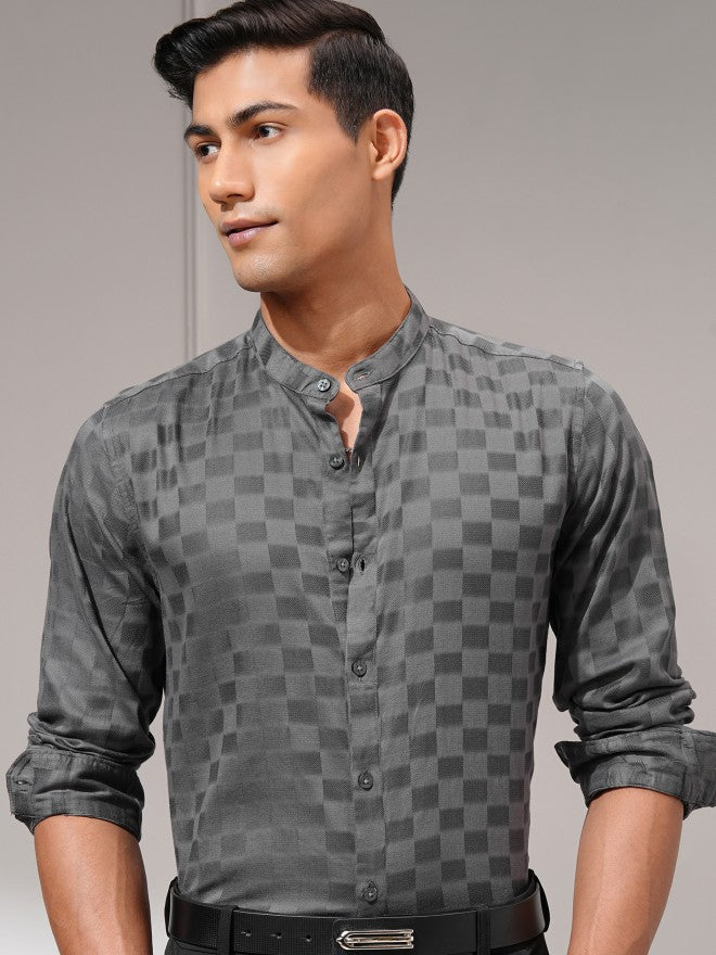 Highlander Men Charcoal Self Design Regular Fit Casual Shirt - Charcoal - Image 1