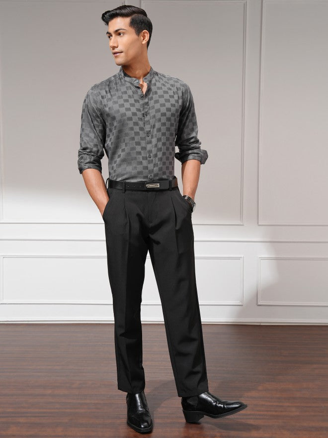 Highlander Men Charcoal Self Design Regular Fit Casual Shirt - Charcoal - Image 2