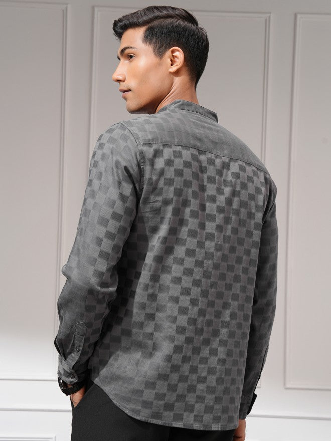 Highlander Men Charcoal Self Design Regular Fit Casual Shirt - Charcoal - Image 3