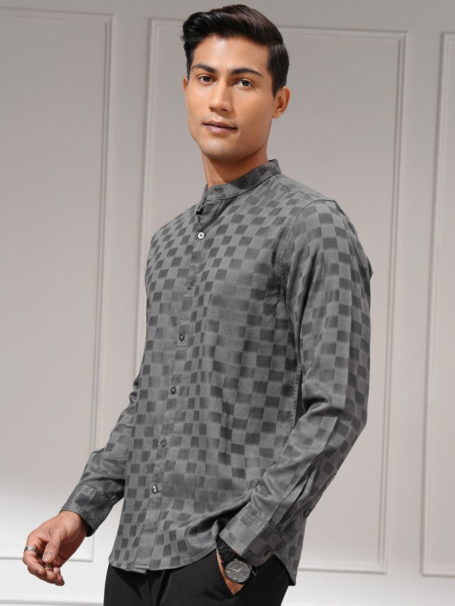 Highlander Men Charcoal Self Design Regular Fit Casual Shirt - Charcoal - Image 4