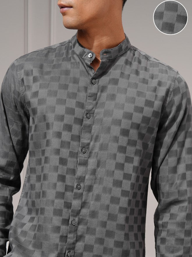 Highlander Men Charcoal Self Design Regular Fit Casual Shirt - Charcoal - Image 5