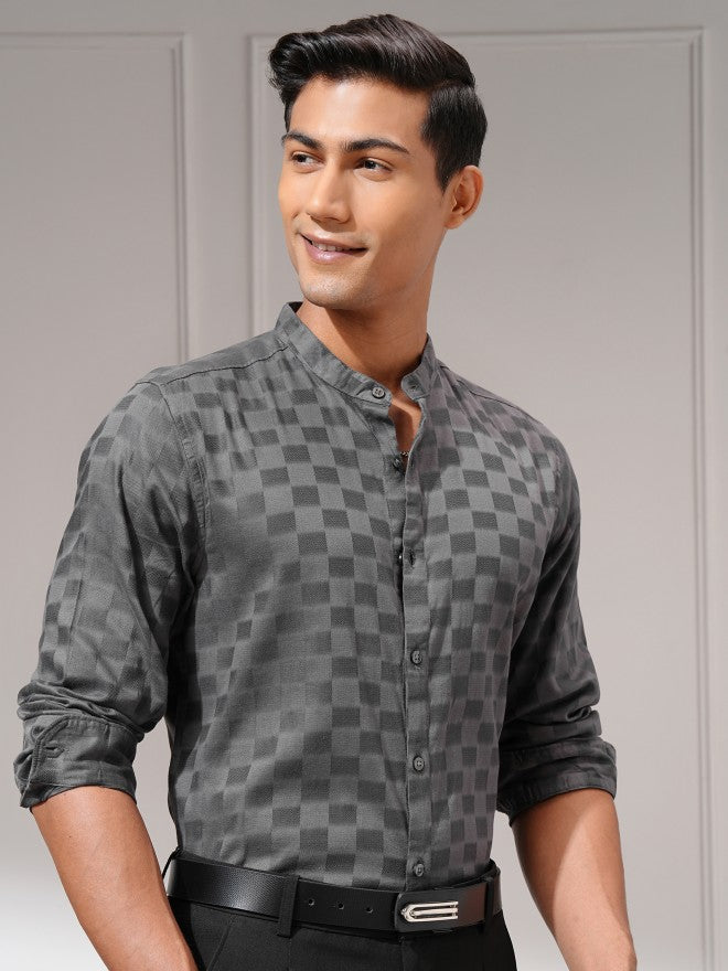 Highlander Men Charcoal Self Design Regular Fit Casual Shirt - Charcoal - Image 6