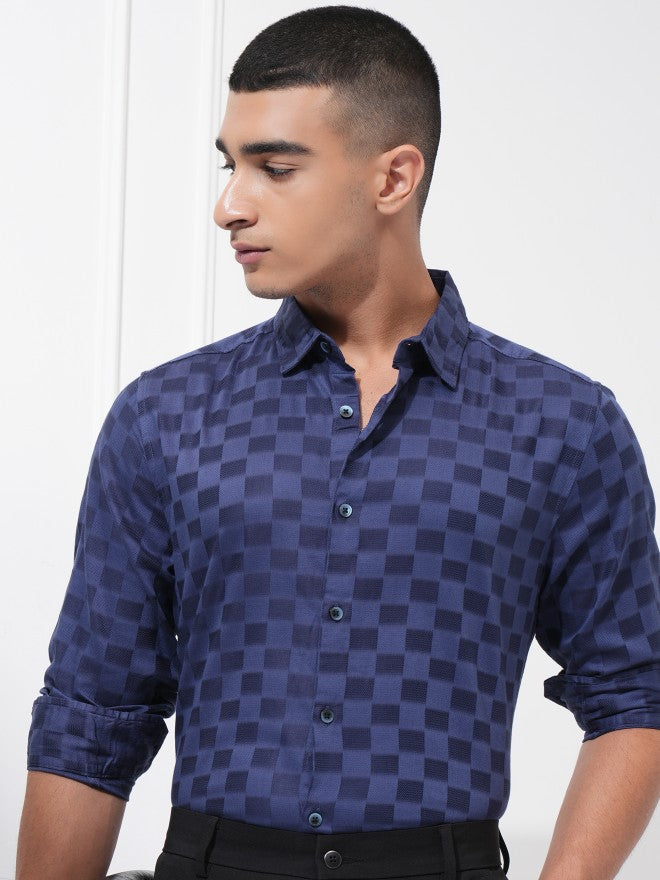 Highlander Men Navy Blue Checked Regular Fit Casual Shirt - Navy Blue - Image 1
