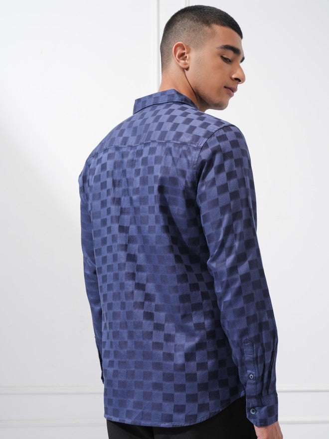 Highlander Men Navy Blue Checked Regular Fit Casual Shirt - Navy Blue - Image 3