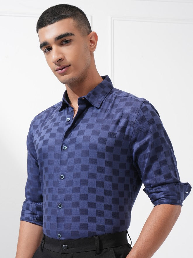 Highlander Men Navy Blue Checked Regular Fit Casual Shirt - Navy Blue - Image 4
