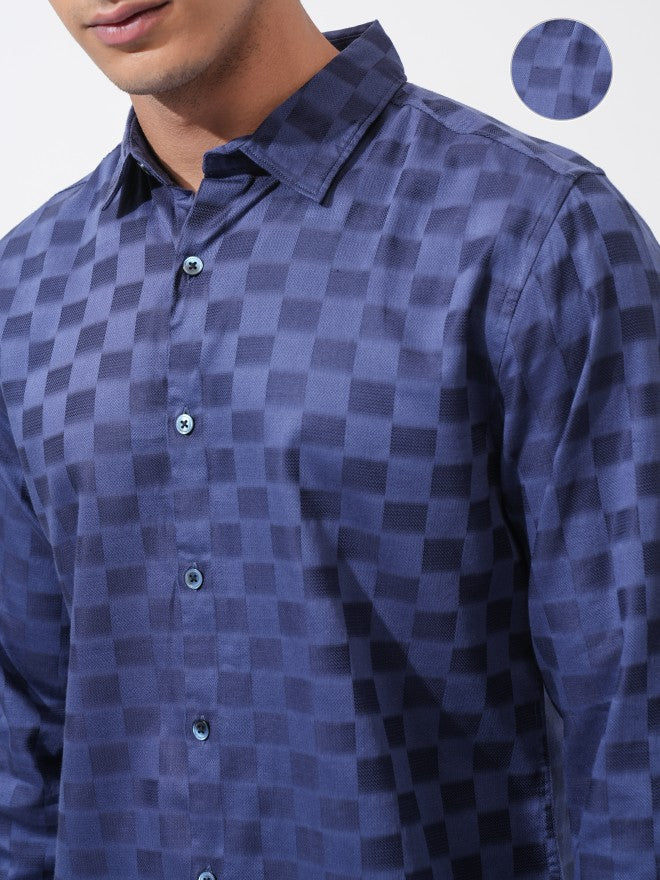 Highlander Men Navy Blue Checked Regular Fit Casual Shirt - Navy Blue - Image 5