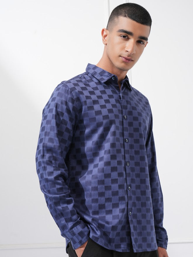 Highlander Men Navy Blue Checked Regular Fit Casual Shirt - Navy Blue - Image 6