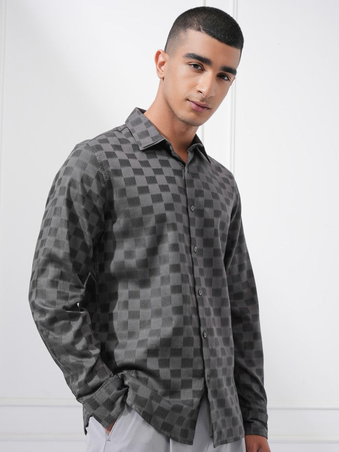 Highlander Men Charcoal Checked Regular Fit Casual Shirt - Charcoal - Image 6