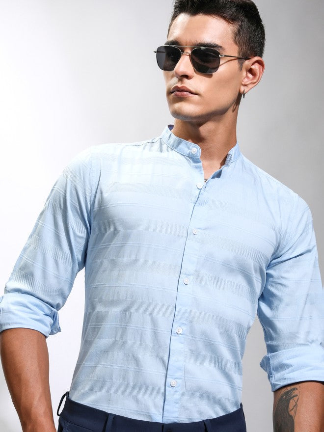 Highlander Men Blue Striped Regular Fit Casual Shirt - Blue - Image 1