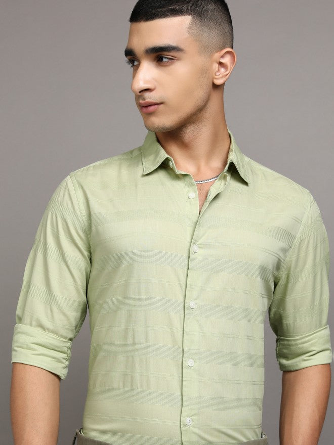 Highlander Men Green Striped Regular Fit Casual Shirts - Green - Image 1