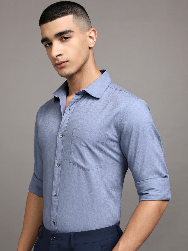 Highlander Men Blue Textured Regular Fit Casual Shirts - Blue - Image 4