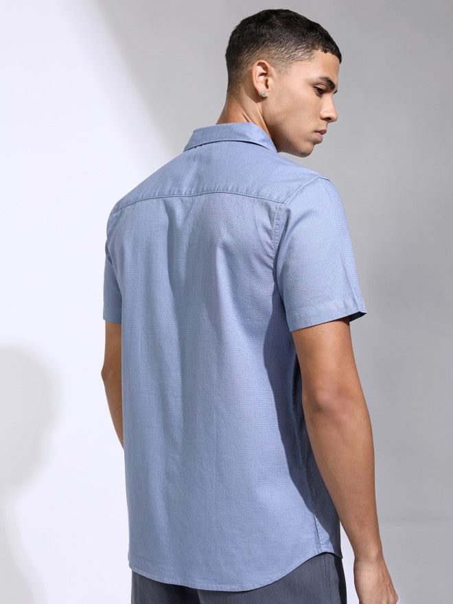 Highlander Men Blue Self Design Regular Fit Casual Shirt - Blue - Image 3