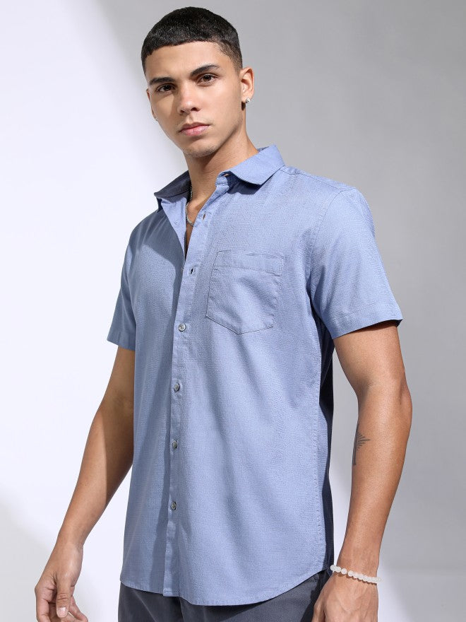 Highlander Men Blue Self Design Regular Fit Casual Shirt - Blue - Image 4
