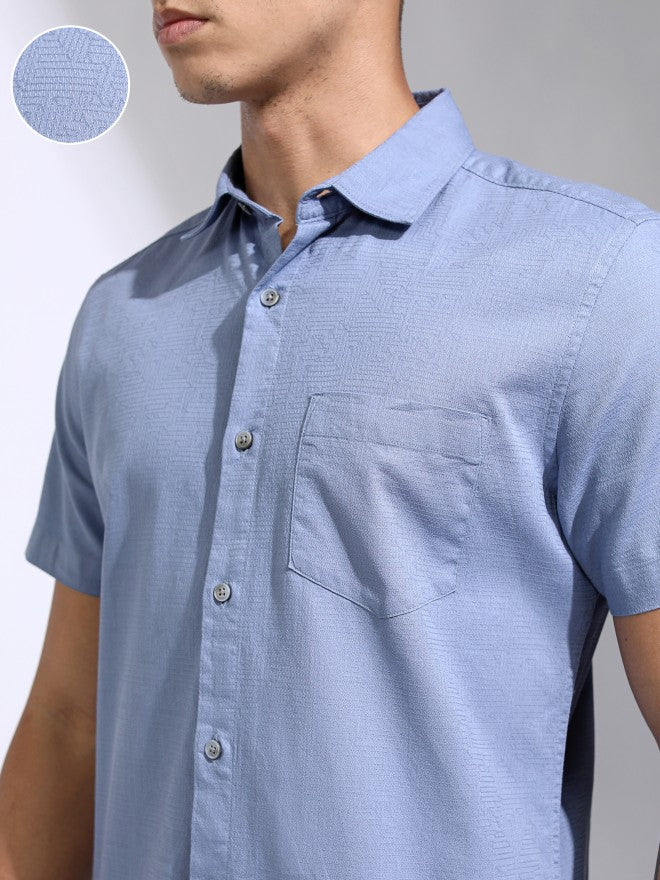 Highlander Men Blue Self Design Regular Fit Casual Shirt - Blue - Image 5