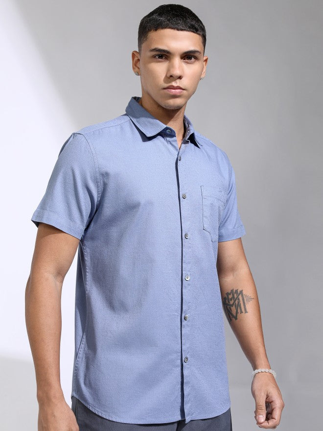 Highlander Men Blue Self Design Regular Fit Casual Shirt - Blue - Image 6