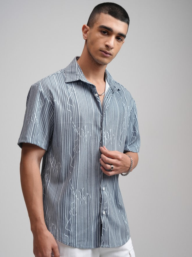 Highlander Men Grey Textured Relaxed Fit Casual Shirt - Grey - Image 6