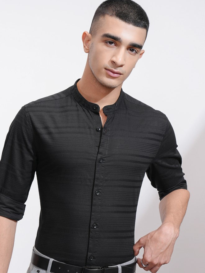 Highlander Men Black Striped Regular Fit Casual Shirt - Black - Image 1