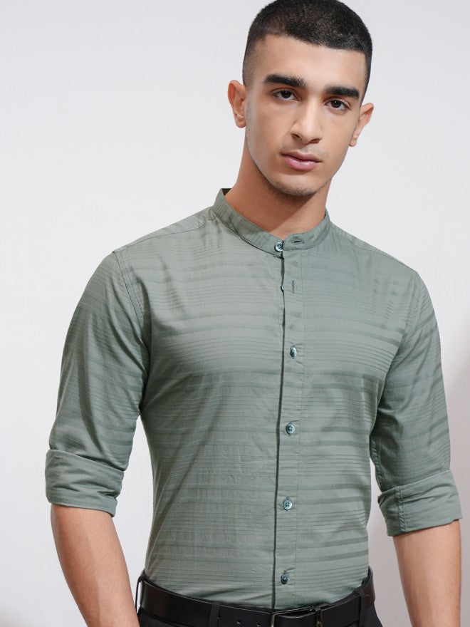Highlander Men Olive Striped Regular Fit Casual Shirt - Olive - Image 1