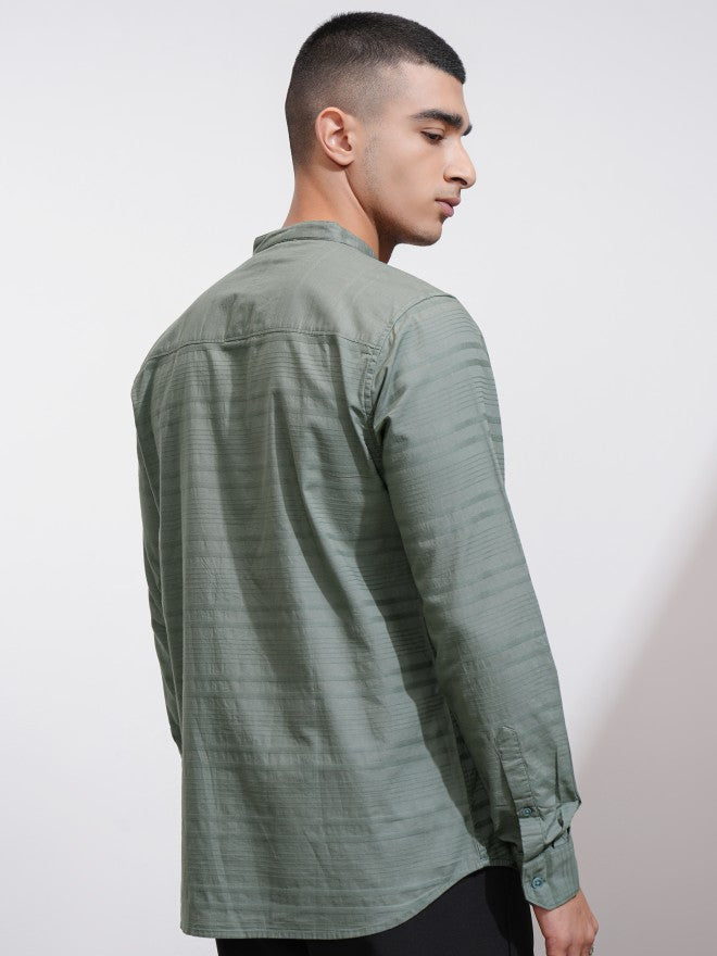 Highlander Men Olive Striped Regular Fit Casual Shirt - Olive - Image 3