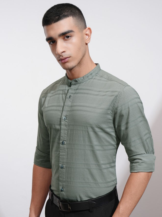 Highlander Men Olive Striped Regular Fit Casual Shirt - Olive - Image 4