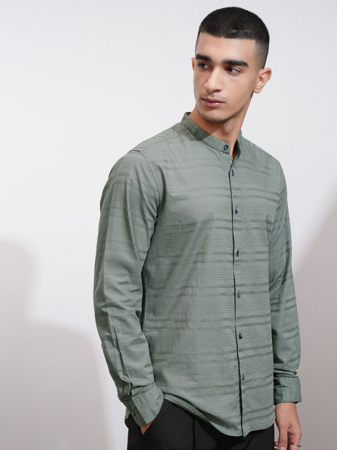 Highlander Men Olive Striped Regular Fit Casual Shirt - Olive - Image 6