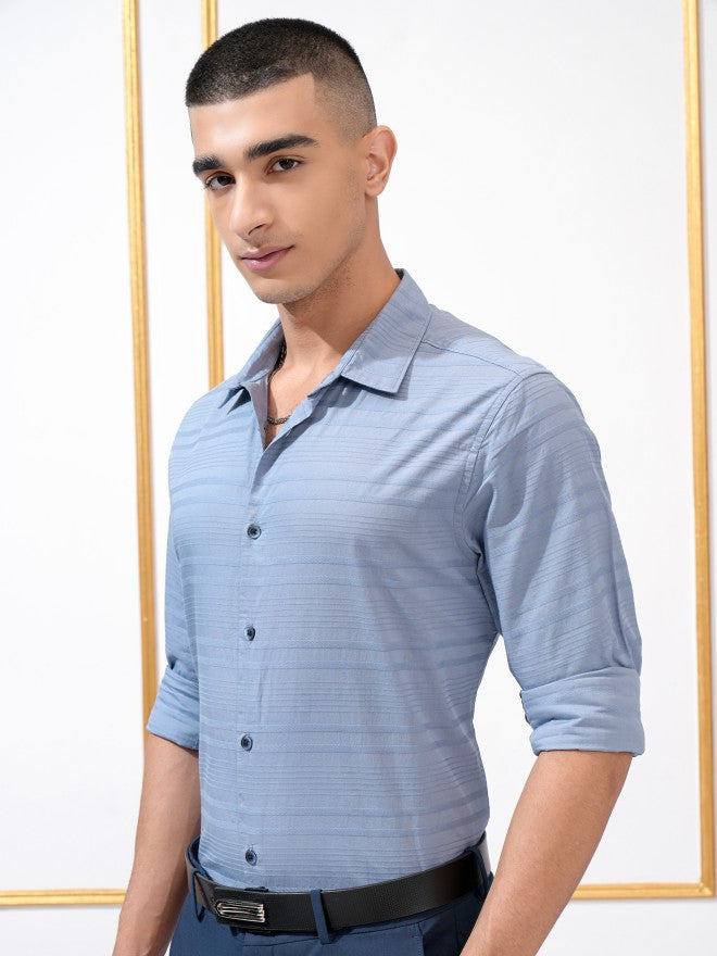 Highlander Men Blue Striped Regular Fit Casual Shirt - Blue - Image 4