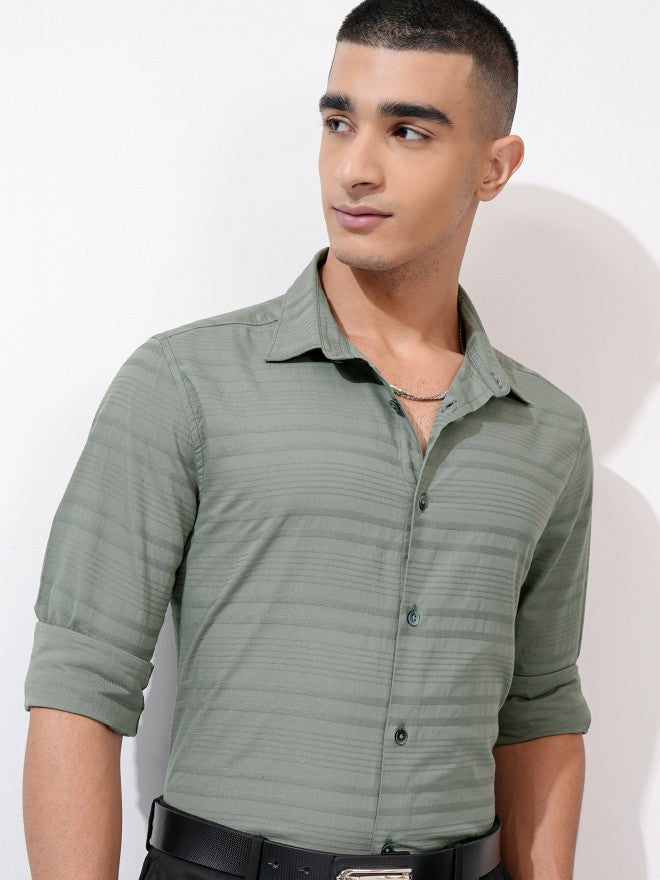 Highlander Men Olive Striped Regular Fit Casual Shirt - Olive - Image 1