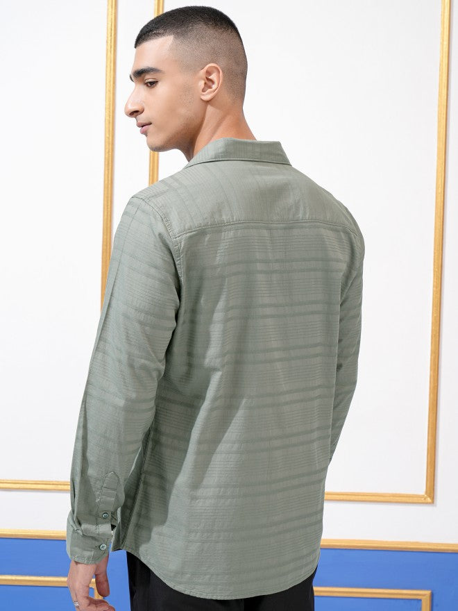 Highlander Men Olive Striped Regular Fit Casual Shirt - Olive - Image 3