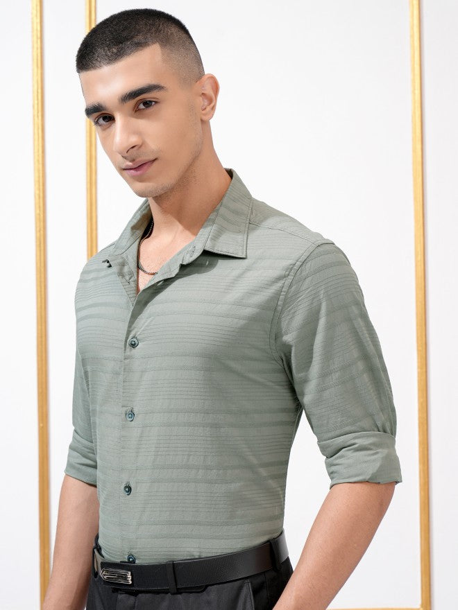 Highlander Men Olive Striped Regular Fit Casual Shirt - Olive - Image 4