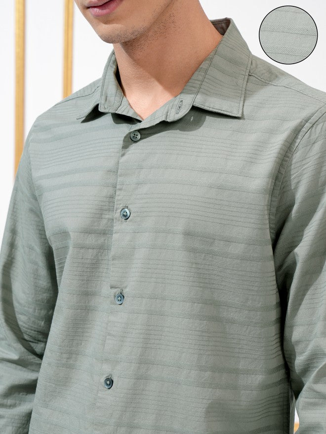 Highlander Men Olive Striped Regular Fit Casual Shirt - Olive - Image 5