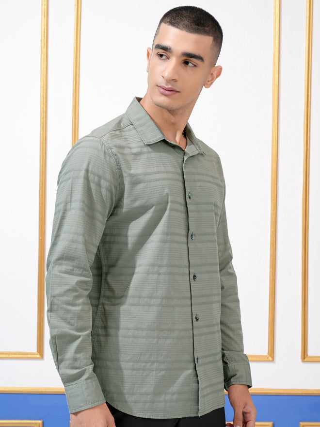 Highlander Men Olive Striped Regular Fit Casual Shirt - Olive - Image 6
