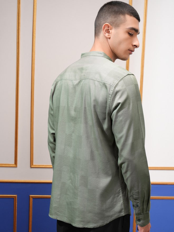 Highlander Men Green Self Design Regular Fit Casual Shirt - Green - Image 3