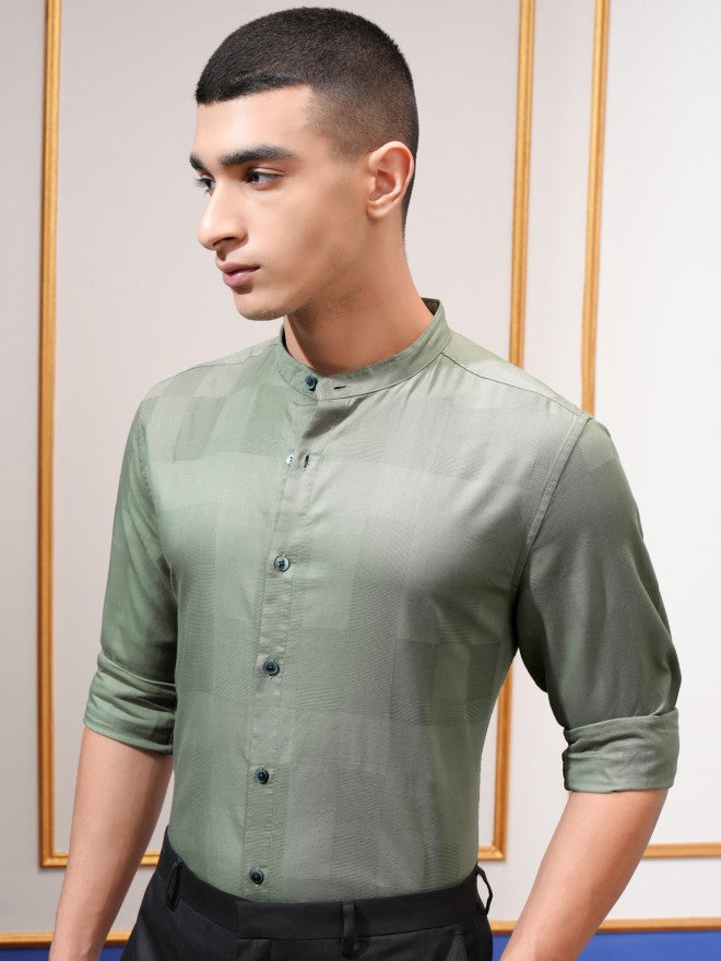 Highlander Men Green Self Design Regular Fit Casual Shirt - Green - Image 4