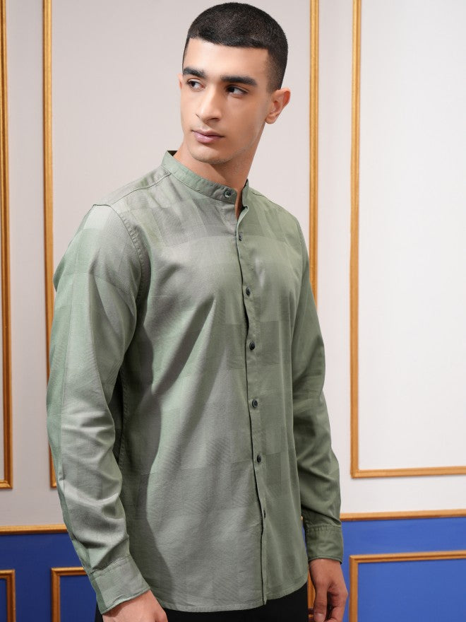 Highlander Men Green Self Design Regular Fit Casual Shirt - Green - Image 6