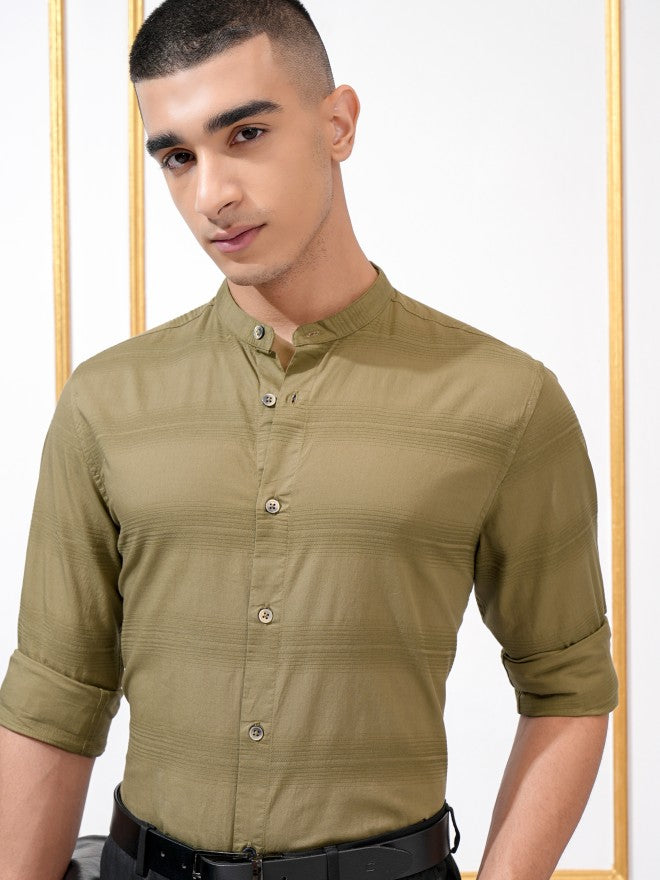 Highlander Men Khaki Striped Regular Fit Casual Shirt - Khaki - Image 1