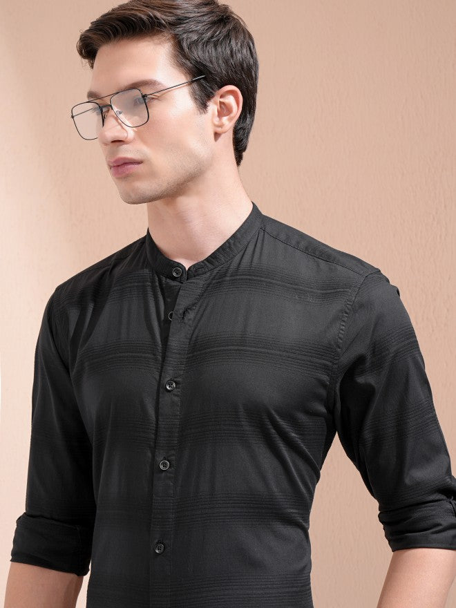Highlander Men Black Striped Regular Fit Casual Shirt - Black - Image 1