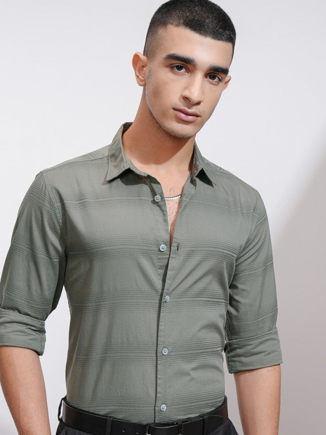 Highlander Men Olive Striped Regular Fit Casual Shirt - Olive - Image 1