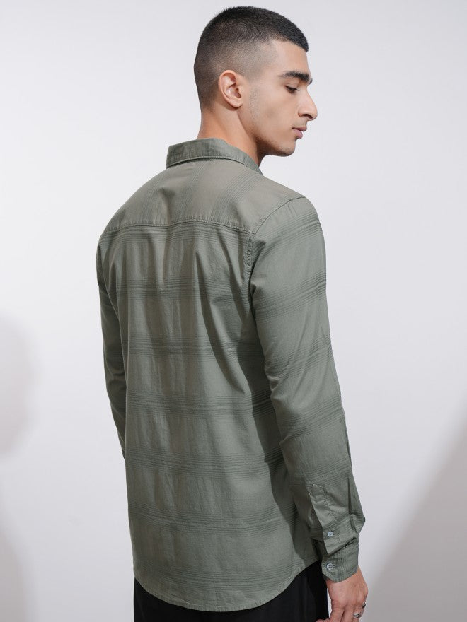 Highlander Men Olive Striped Regular Fit Casual Shirt - Olive - Image 3