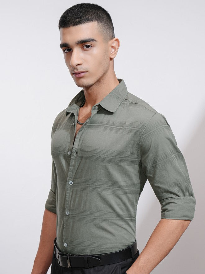 Highlander Men Olive Striped Regular Fit Casual Shirt - Olive - Image 4