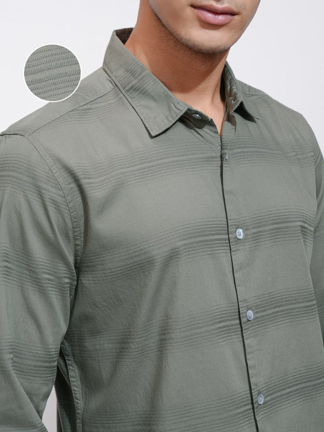 Highlander Men Olive Striped Regular Fit Casual Shirt - Olive - Image 5