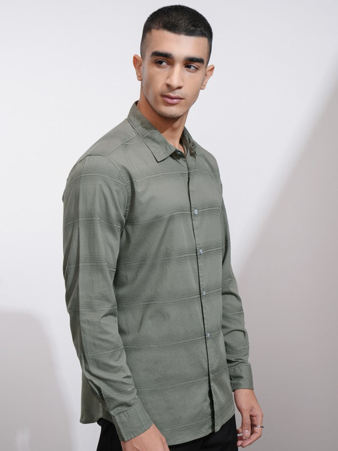 Highlander Men Olive Striped Regular Fit Casual Shirt - Olive - Image 6