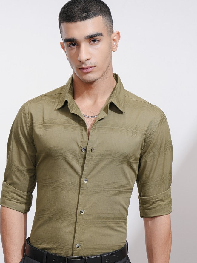 Highlander Men Khaki Striped Regular Fit Casual Shirt - Khaki - Image 1