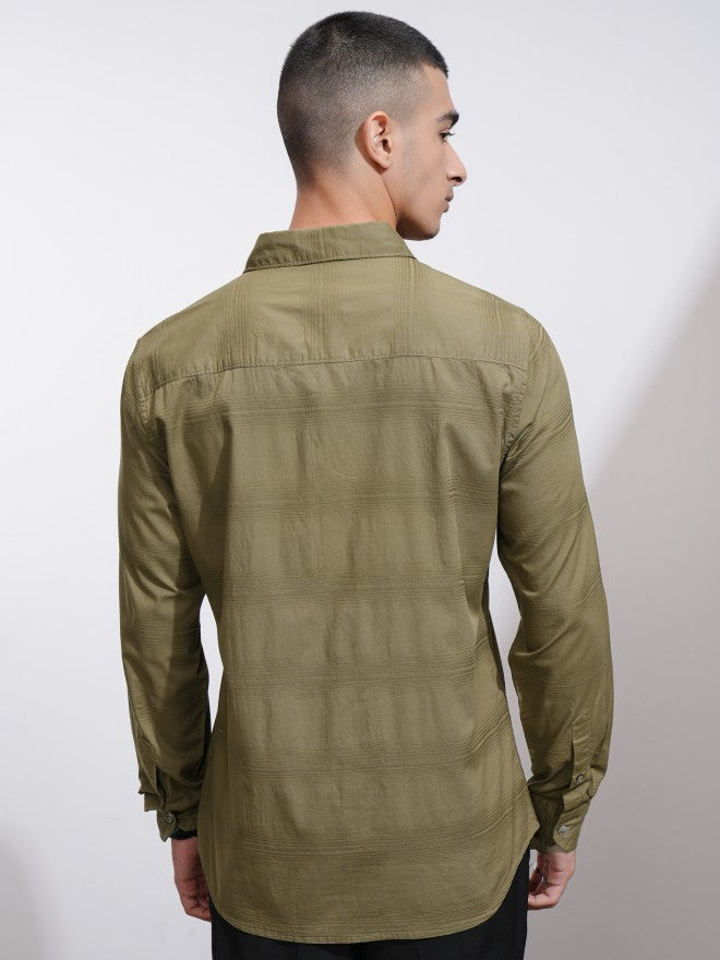 Highlander Men Khaki Striped Regular Fit Casual Shirt - Khaki - Image 3