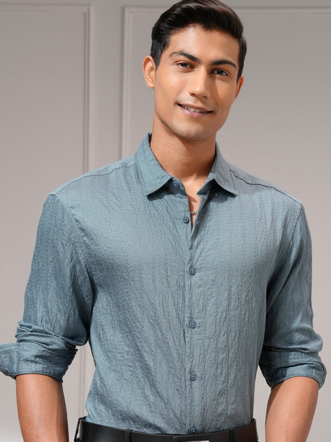 Highlander Men Blue Self Design Relaxed Fit Casual Shirt - Blue - Image 1