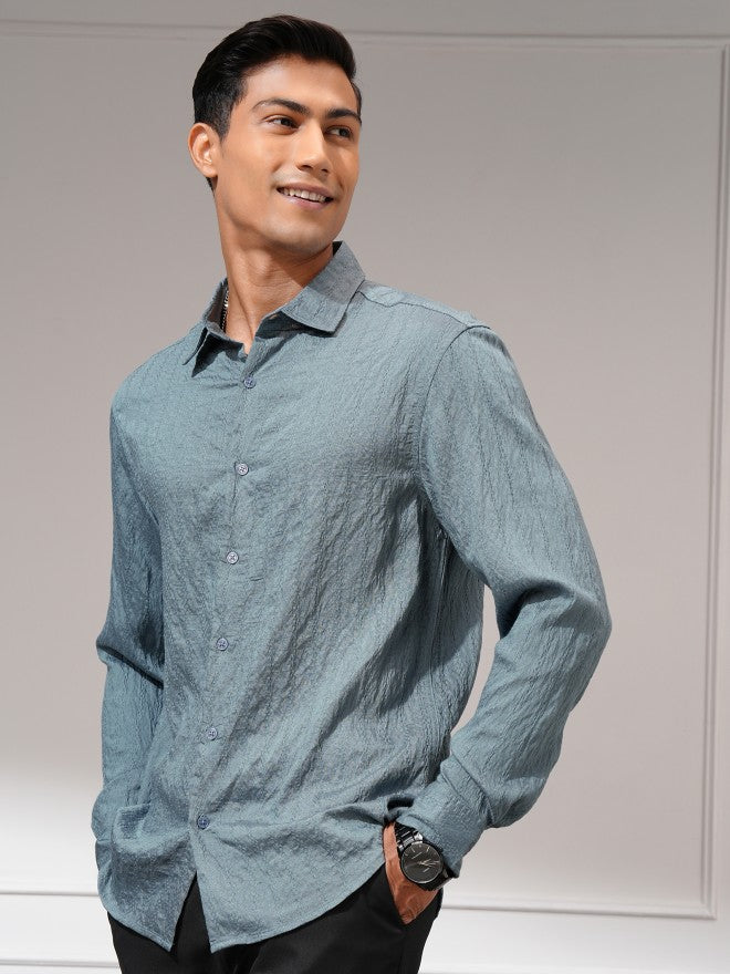 Highlander Men Blue Self Design Relaxed Fit Casual Shirt - Blue - Image 4
