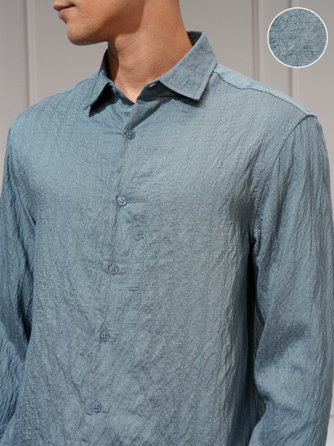 Highlander Men Blue Self Design Relaxed Fit Casual Shirt - Blue - Image 5