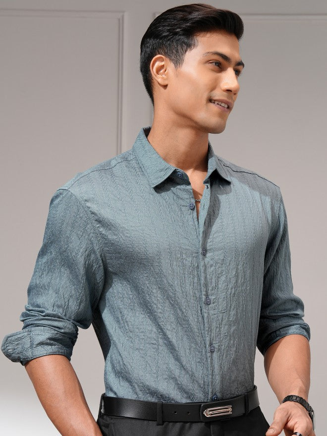 Highlander Men Blue Self Design Relaxed Fit Casual Shirt - Blue - Image 6
