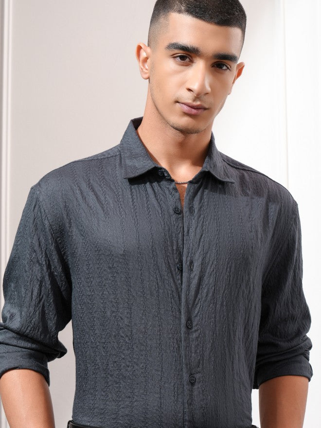 Highlander Men Charcoal Textured Relaxed Fit Casual Shirt - Charcoal - Image 1